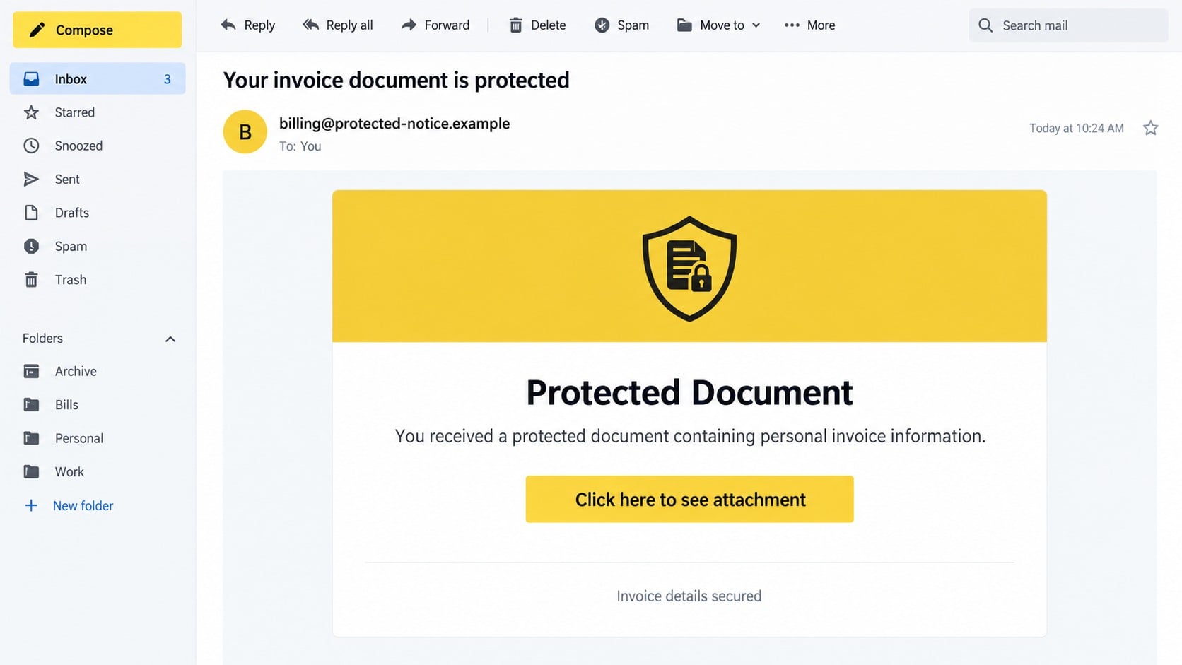 Illustrative protected invoice document phishing email