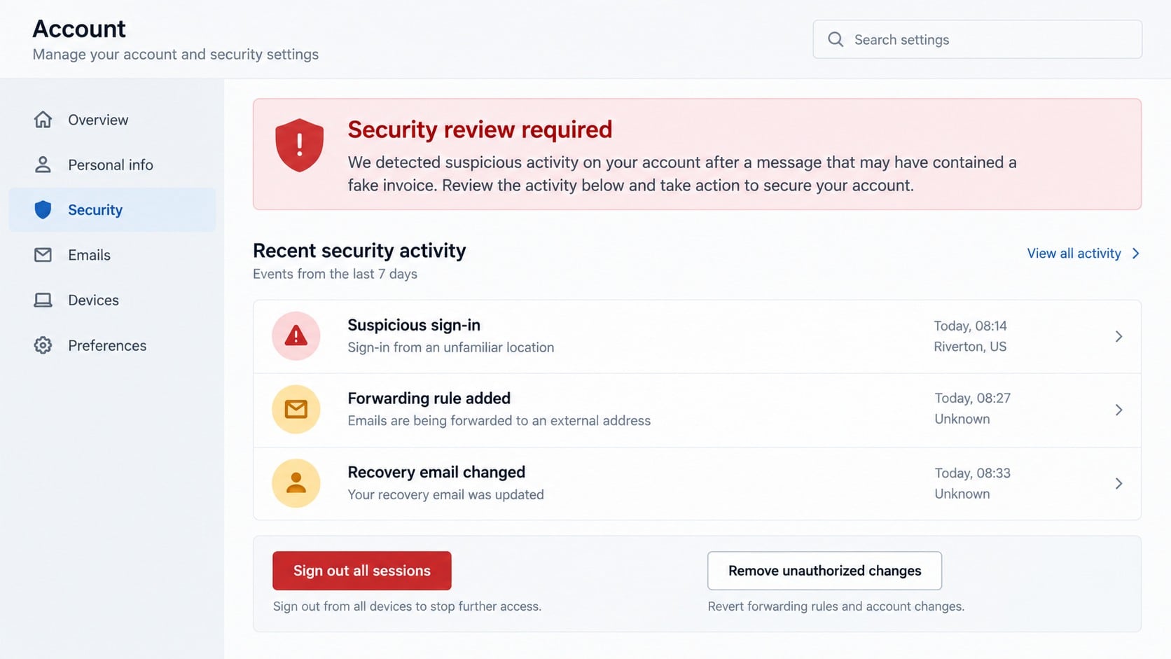 Illustrative account security review after protected invoice phishing