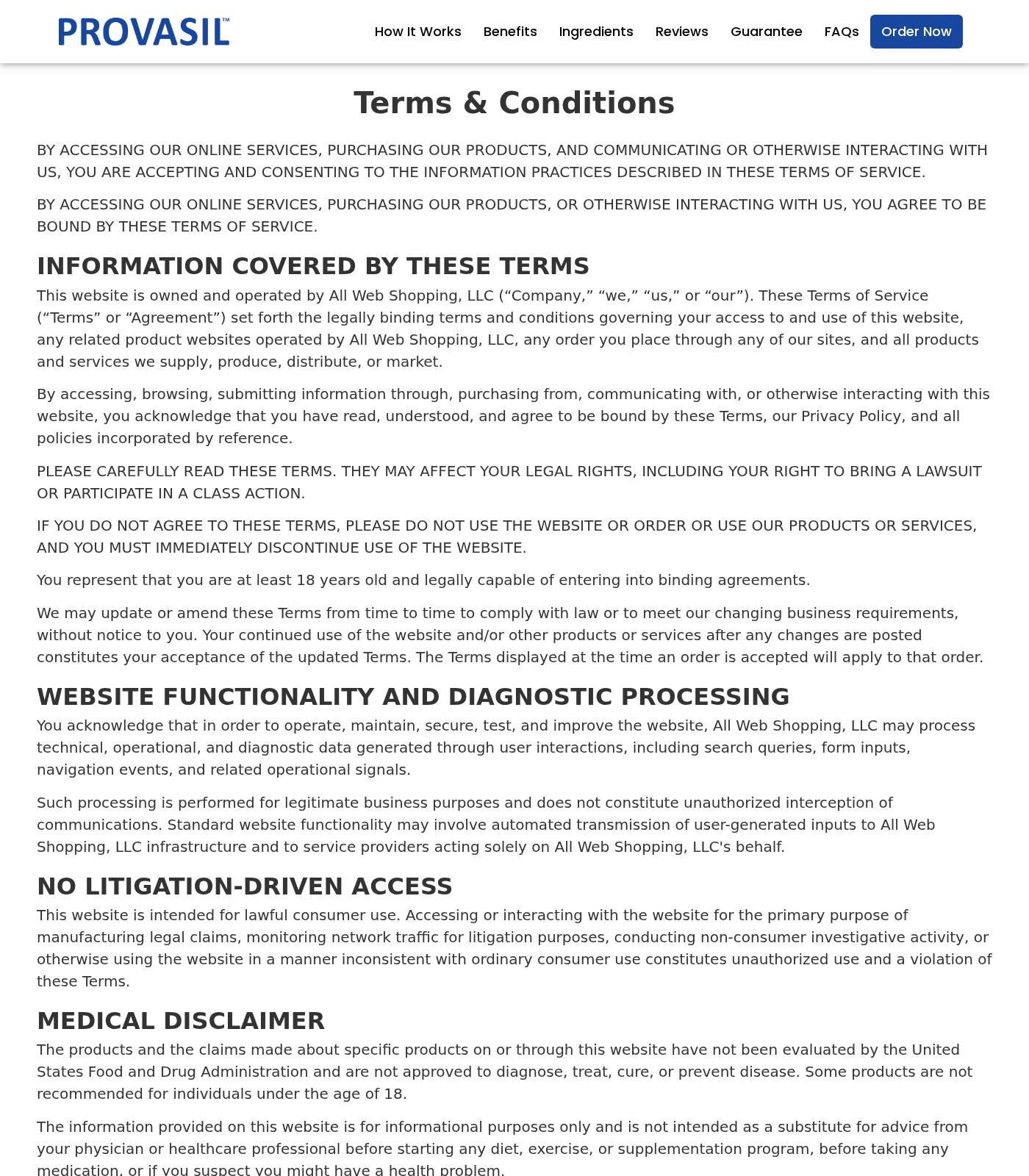 Provasil Review: Guarantee Limits and Support Conflicts 3 Provasil terms page identifying All Web Shopping LLC and explaining service conditions