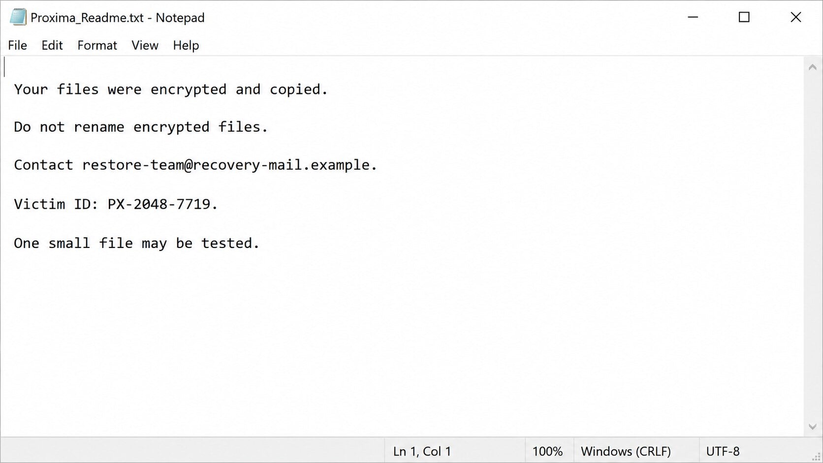 Proxima_Readme.txt ransom note with a fictional contact and victim identification number