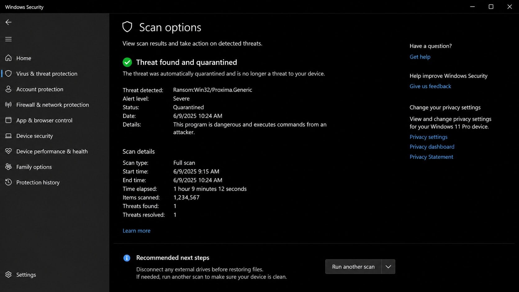 Windows Security showing a Proxima ransomware detection quarantined after a full scan