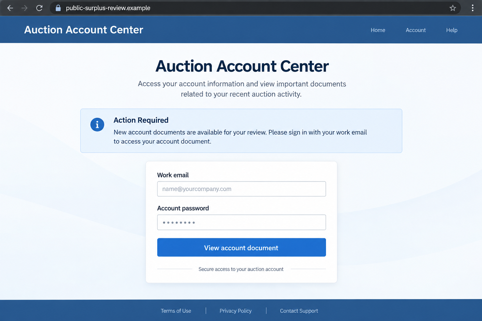 Public Surplus Phishing Email Scam Targets Auction Accounts 2 Illustrative fake Public Surplus account login page at a fictional domain