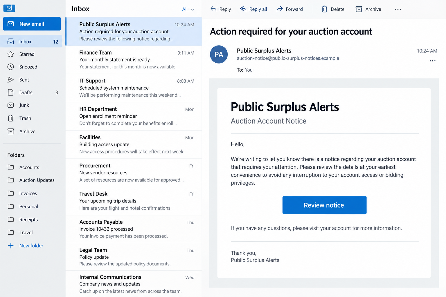 Public Surplus Phishing Email Scam Targets Auction Accounts 1 Illustrative Public Surplus phishing email with a fictional auction account notice
