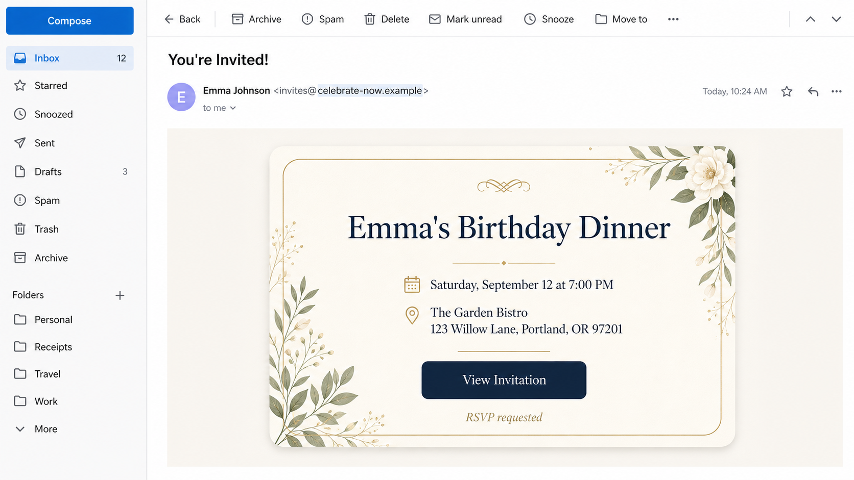 Fake online invitation phishing email with an RSVP button and suspicious sender domain