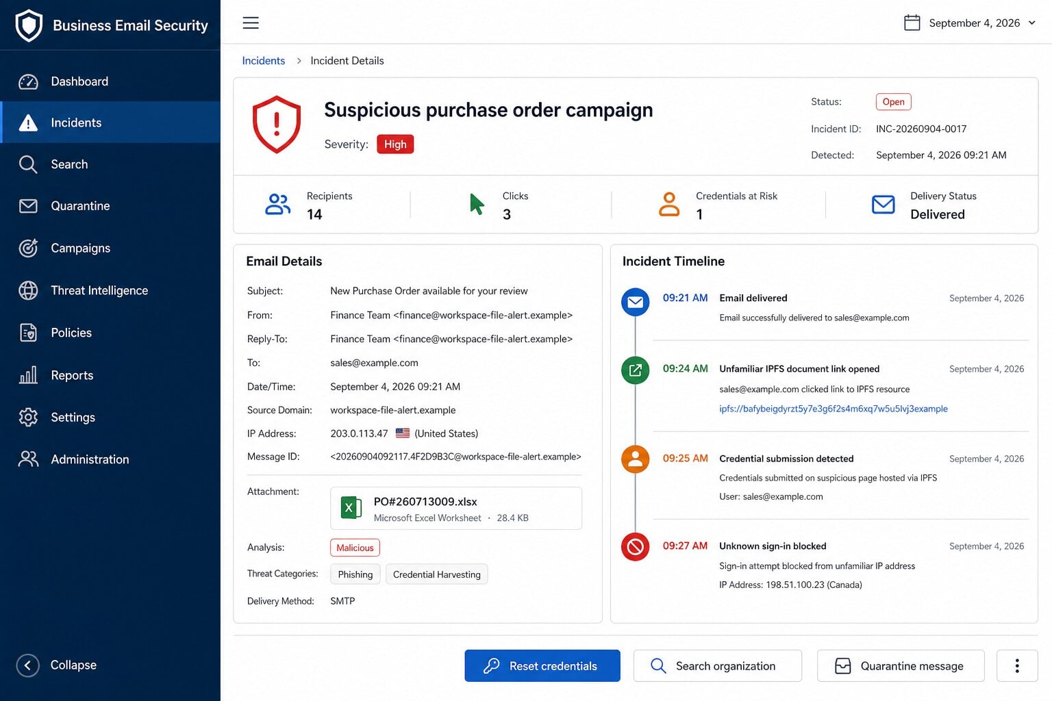 Business email security console flagging an unfamiliar IPFS purchase order link and sign-in