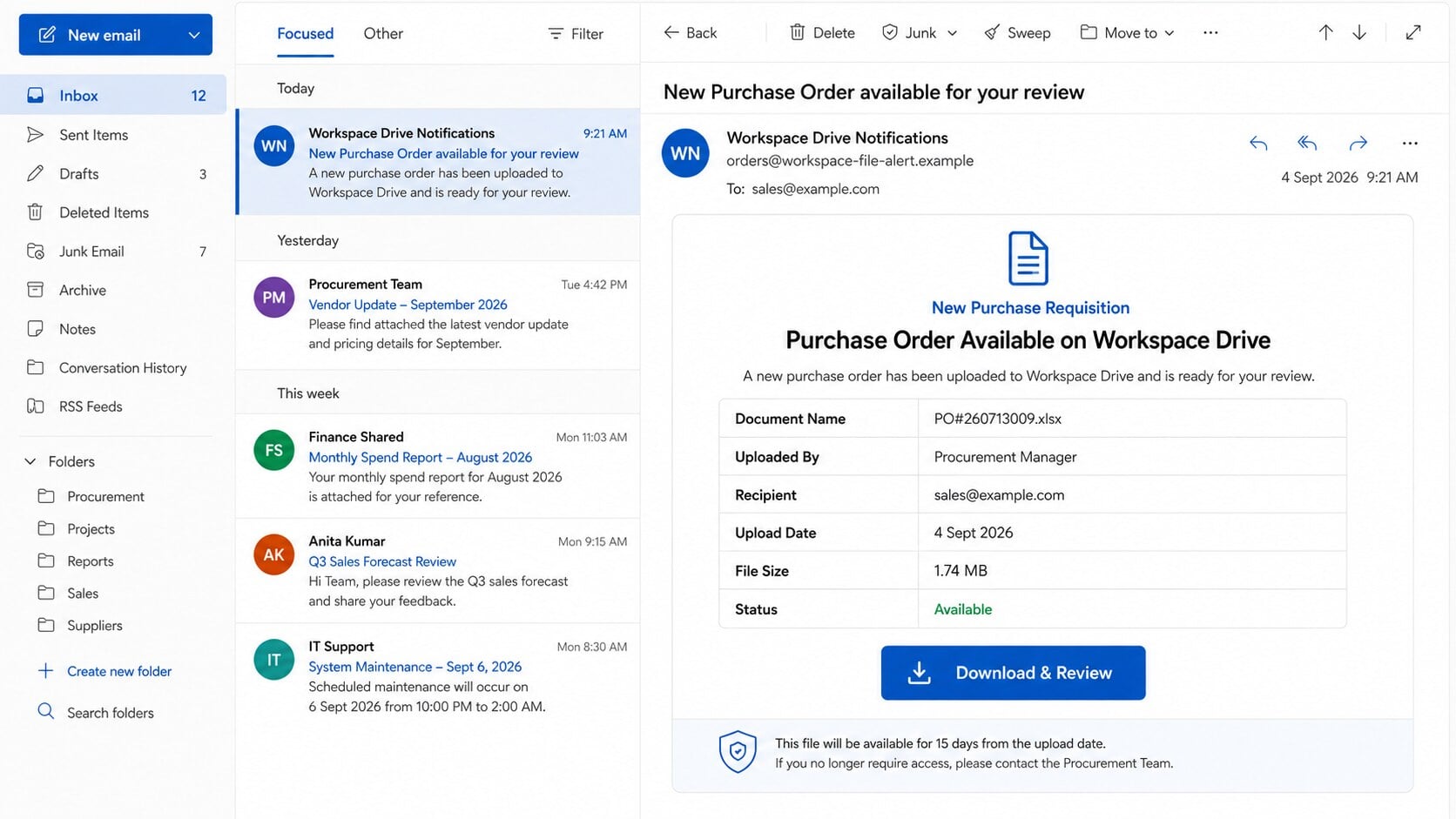 New Purchase Requisition email claiming an Excel purchase order is available on Workspace Drive
