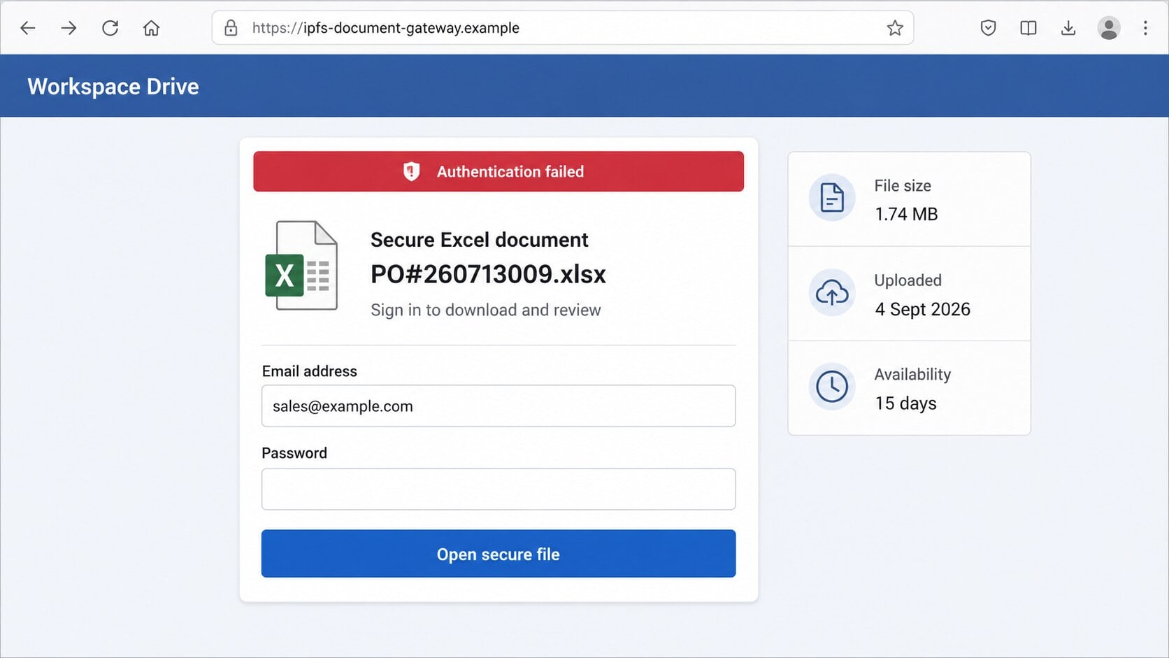 Fraudulent secure Excel document page asking for an email address and password