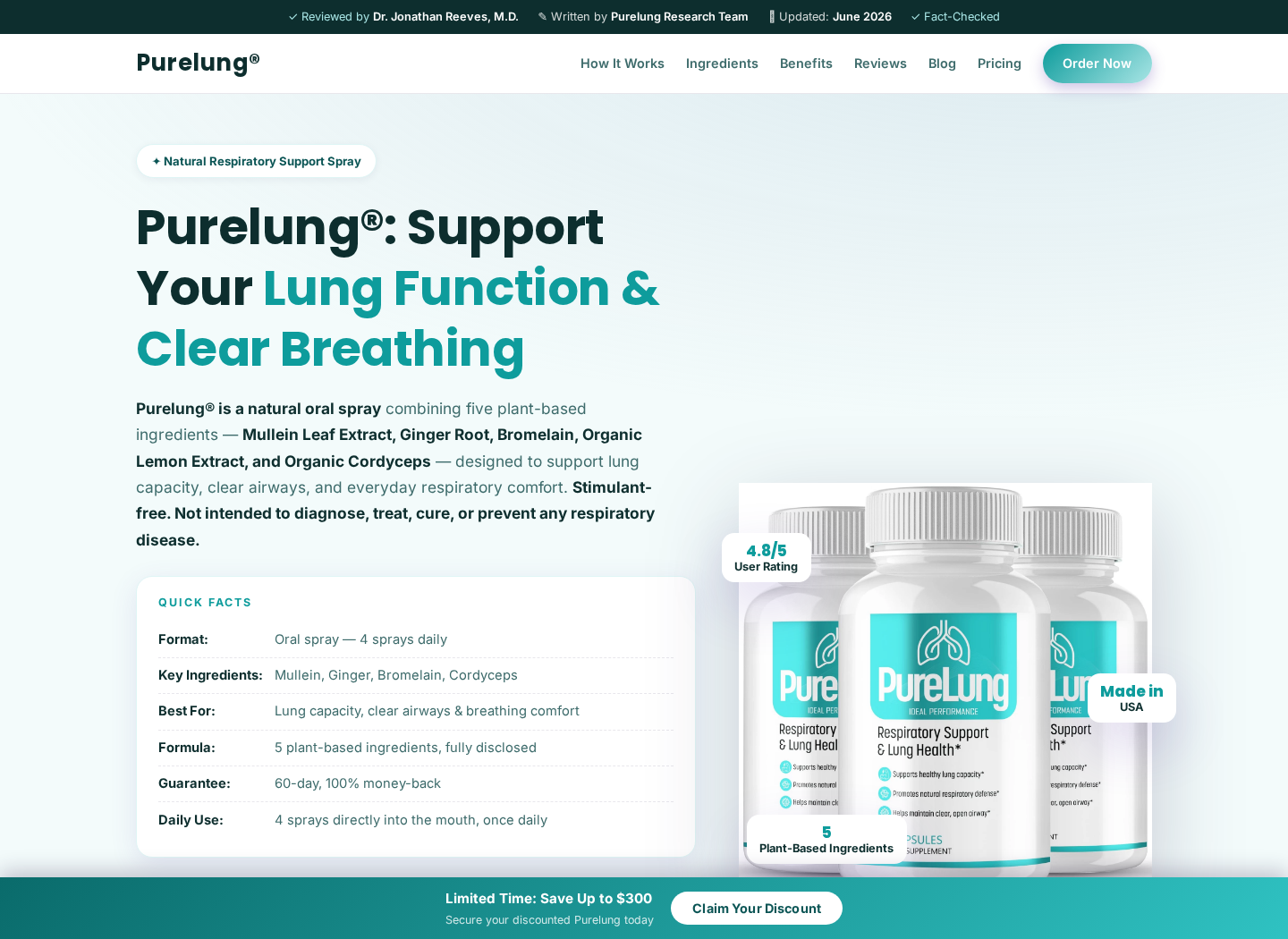 Pure Lung Supplement Exposed: Conflicting Formulas and Fake Medical Ads 1 Pure Lung website promoting a liquid respiratory support spray