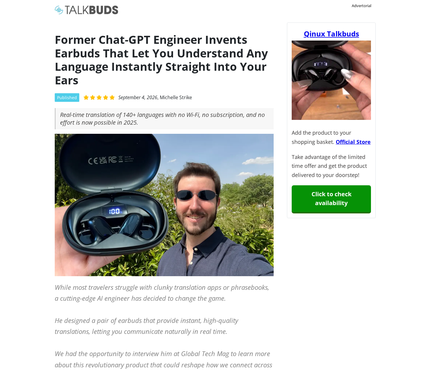 Qinux Talkbuds advertorial claiming instant translation in more than 140 languages