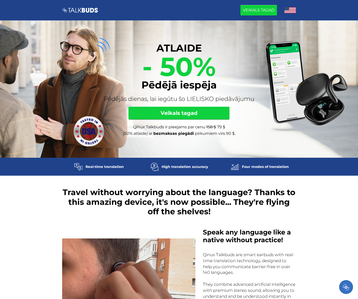 Qinux Talkbuds sales page showing translator earbuds a companion phone app and a 50% discount