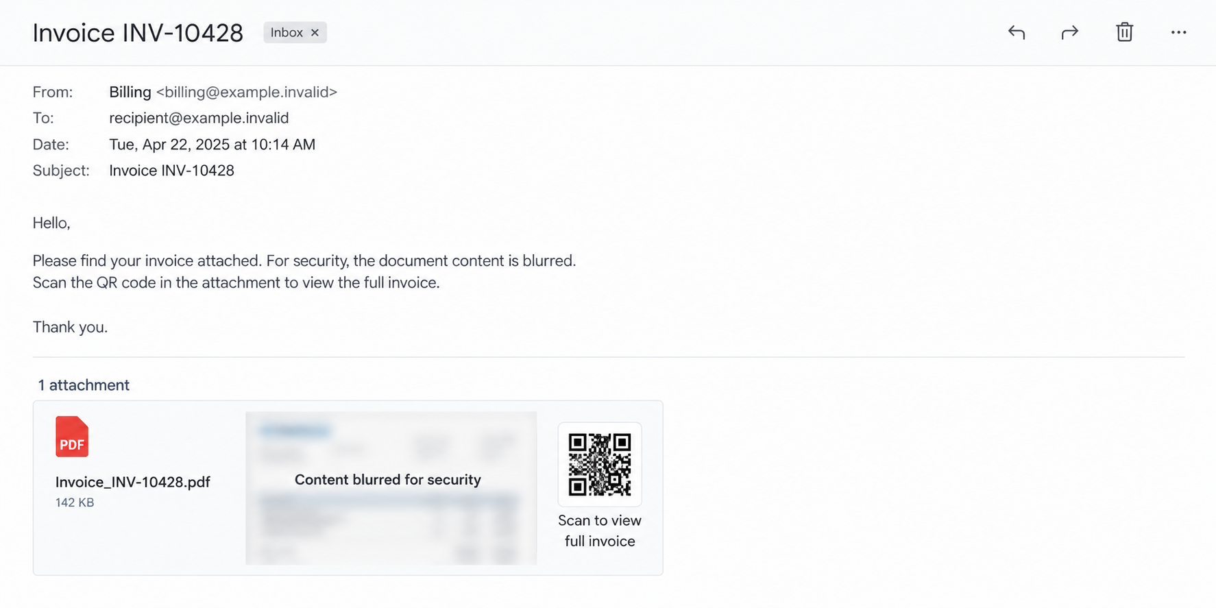 Fictional invoice email with a blurred attachment and QR access prompt