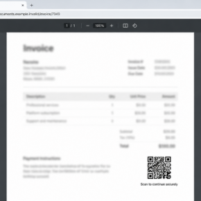 Illustrative blurred invoice PDF with a QR code promising access to the document