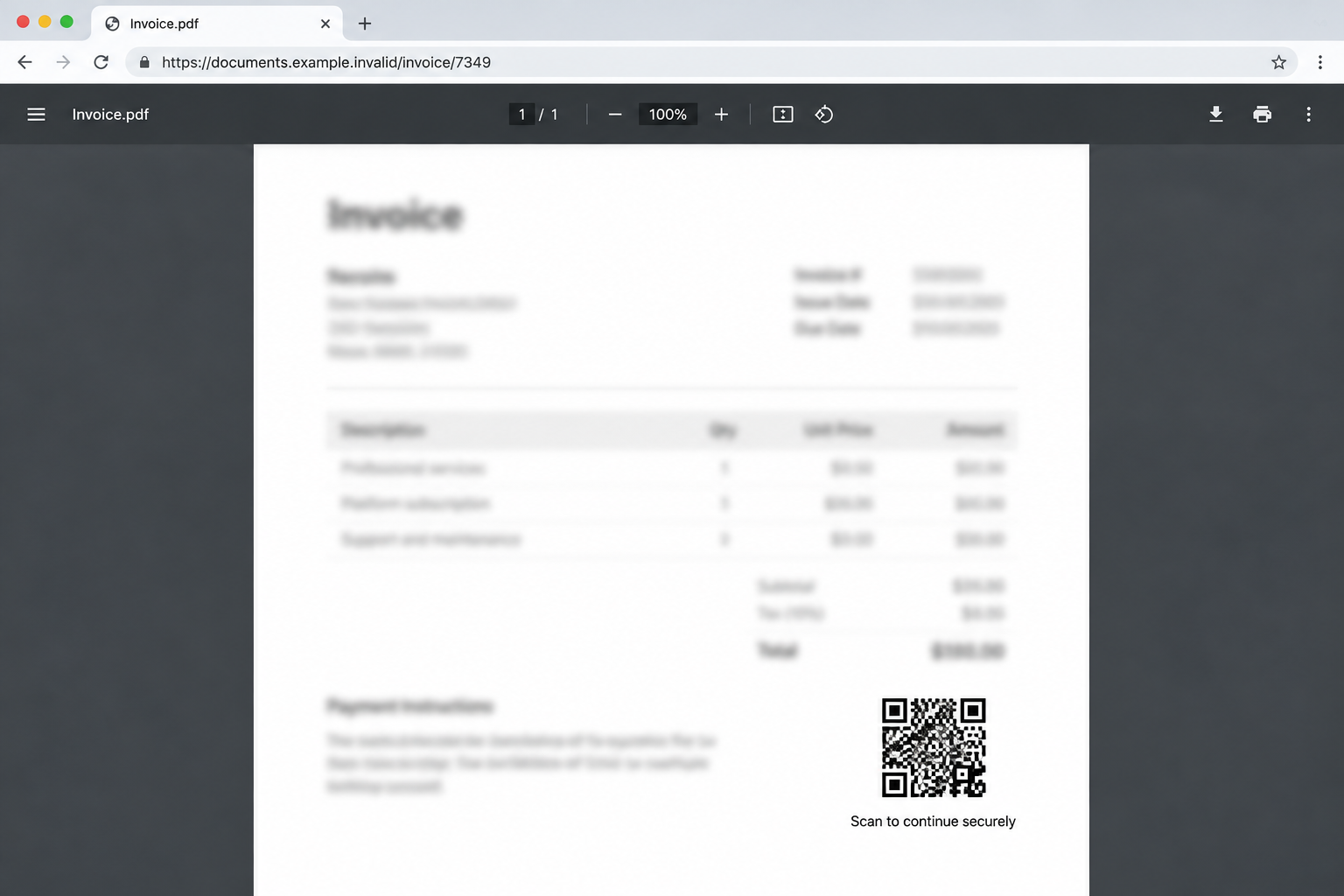 Illustrative blurred invoice PDF with a QR code promising access to the document