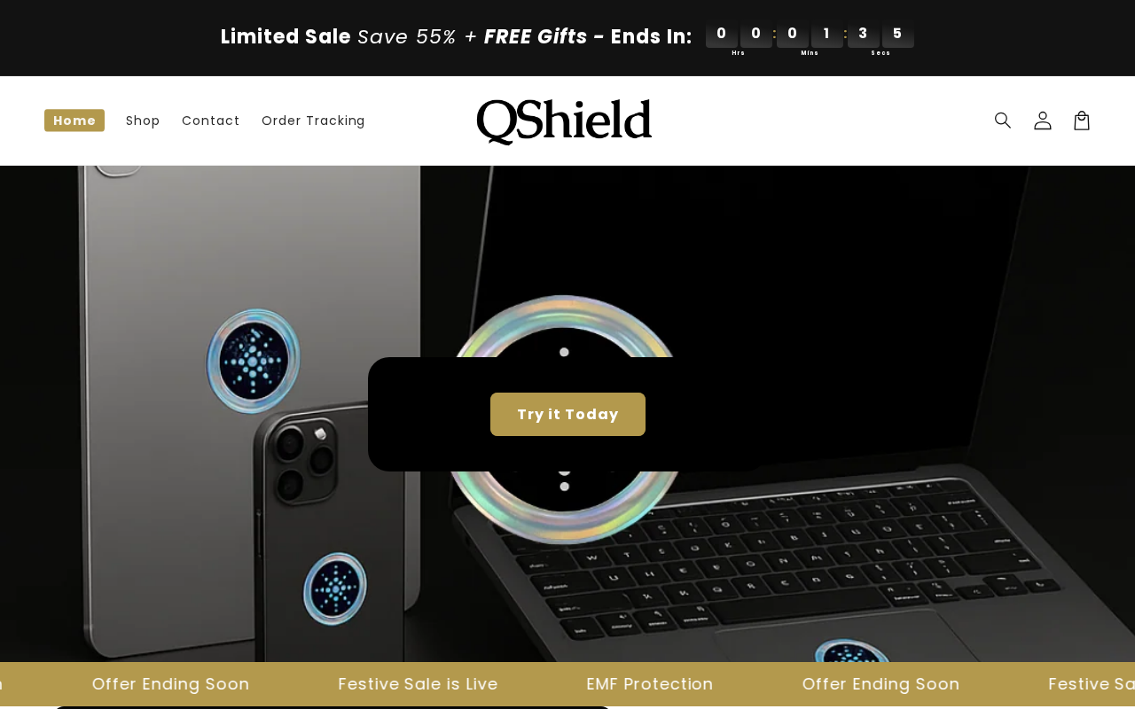 Qshield EMF Protection Chip EXPOSED: Sticker That Only Fools the Meter Spot 1 Qshield homepage showing EMF protection chips stuck on phones tablets and laptops