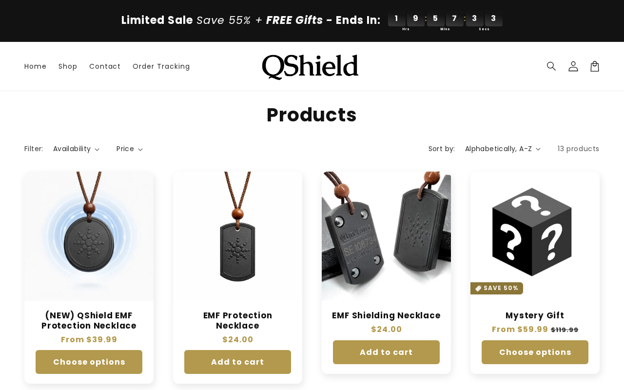 Qshield EMF Protection Chip EXPOSED: Sticker That Only Fools the Meter Spot 2 Qshield products page listing EMF necklaces chips and sale bundles