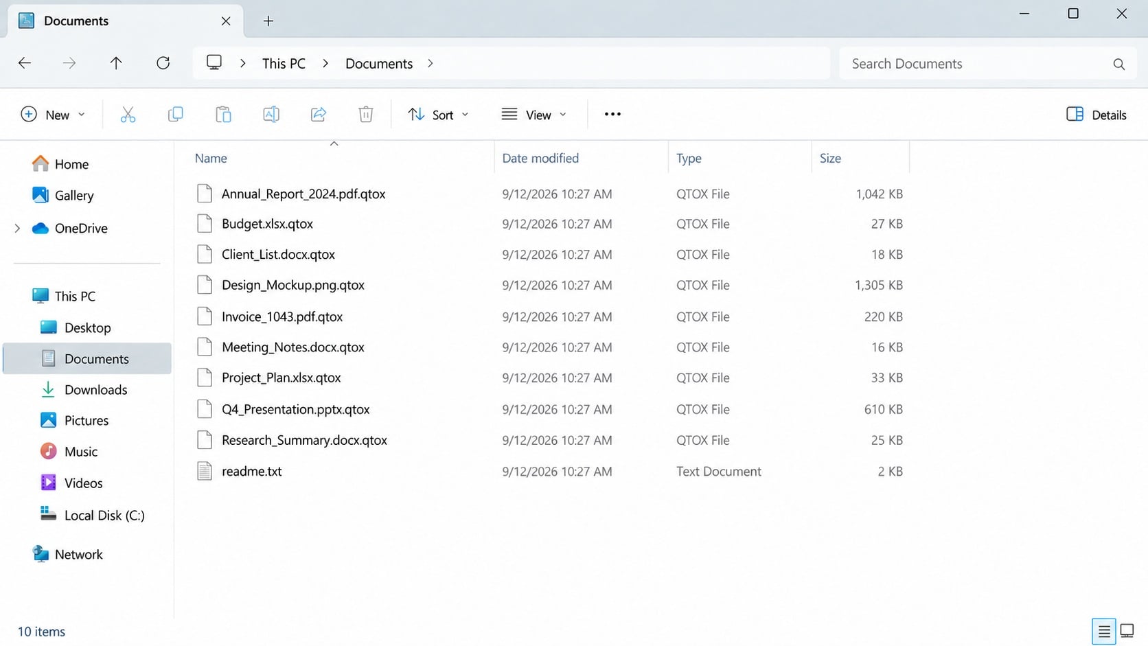 Illustrative Windows folder containing documents renamed with the .qtox extension and a readme.txt note