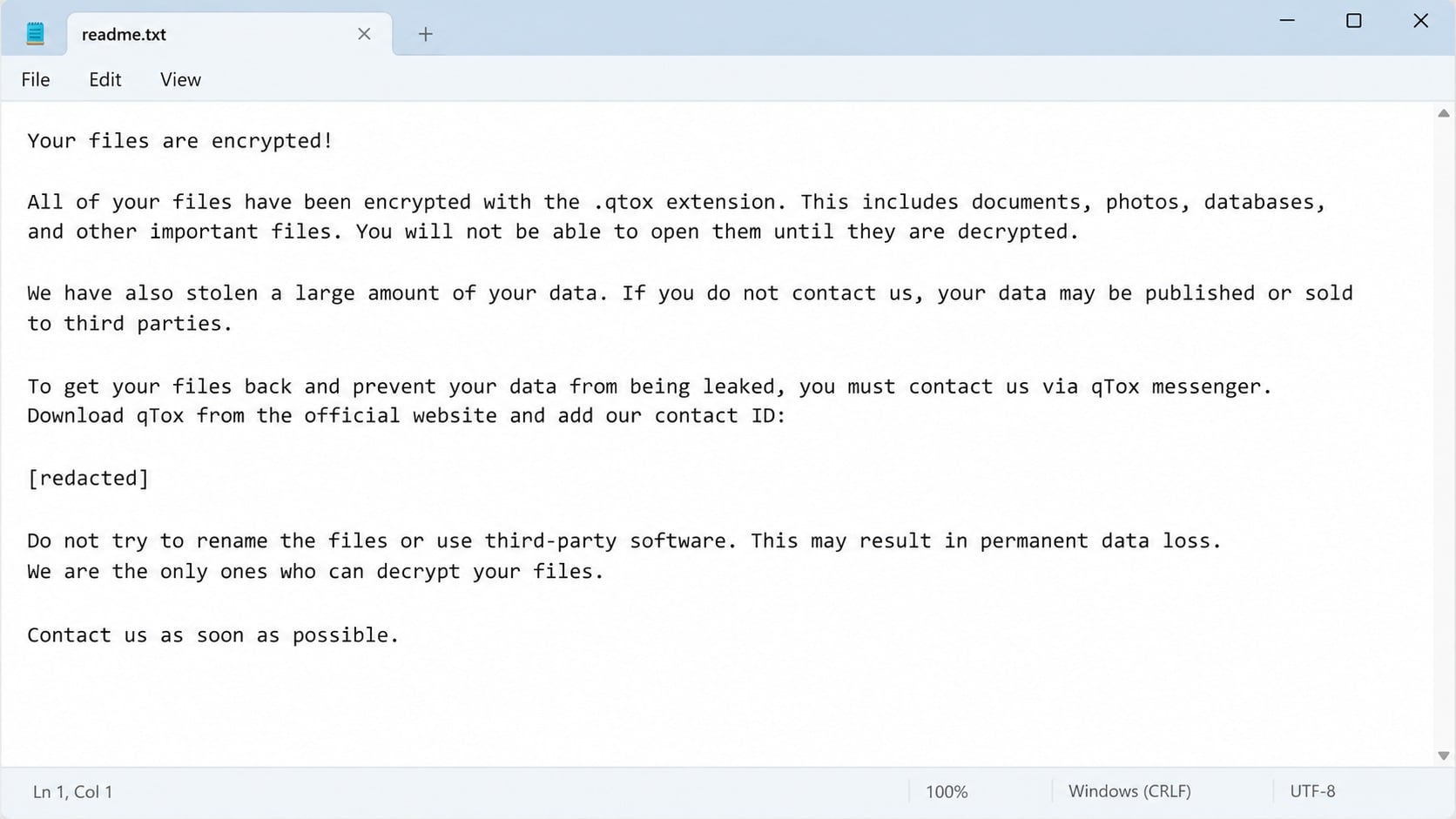 Illustrative redacted qTox ransomware note claiming encrypted files and data theft