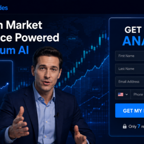 Illustration of a QuantumTrades advertisement claiming 91.4% prediction accuracy