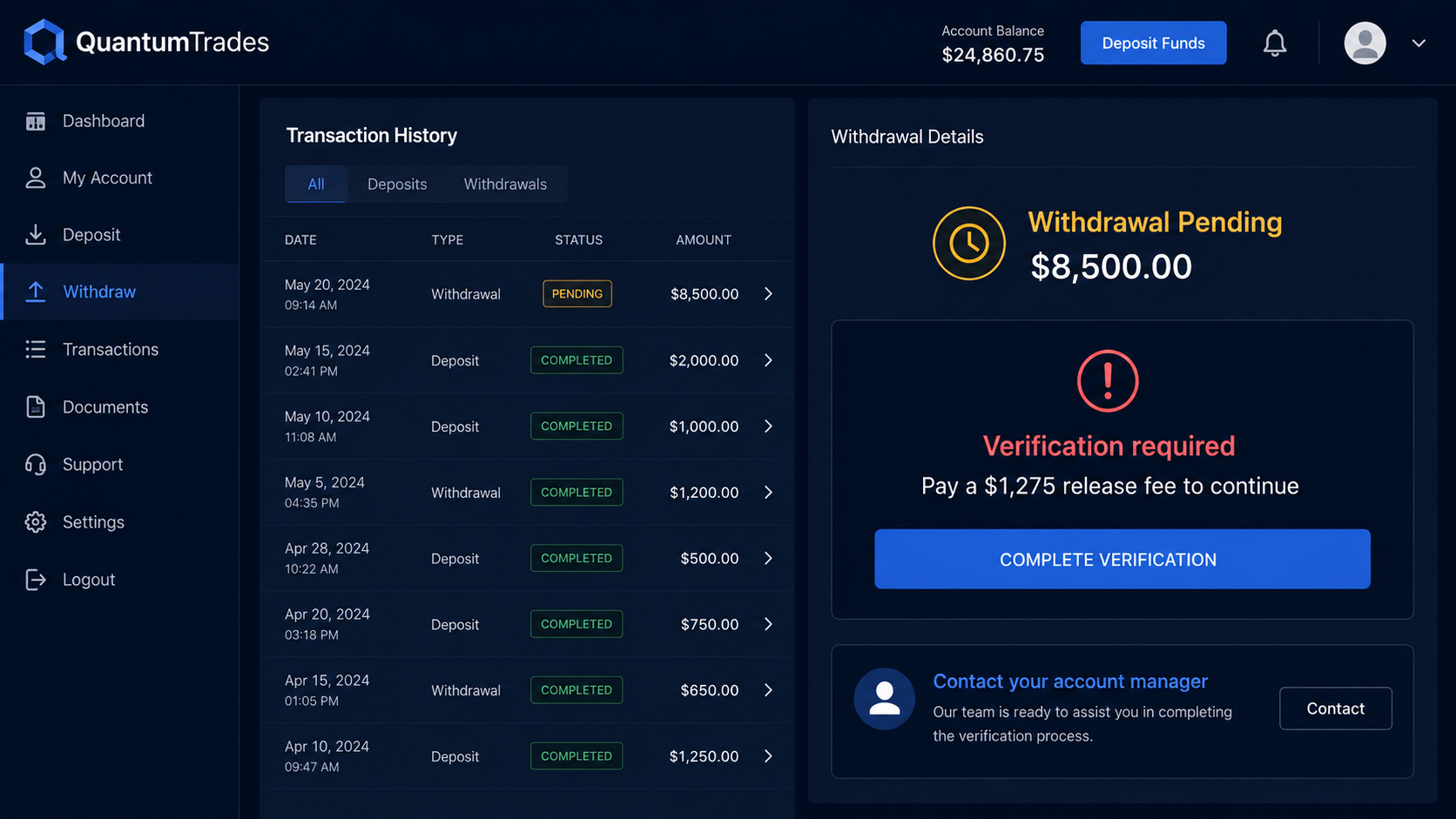 Quantum AI Trading Scam Exposed: Fake 91.4% Accuracy Claims Investigated 3 Illustration of a fake trading withdrawal blocked by a release fee