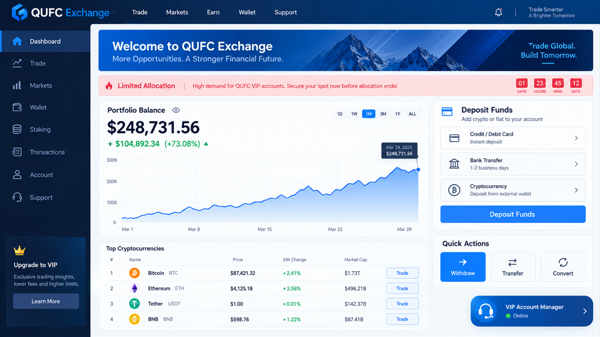 Reconstruction of a fraudulent QUFC Exchange trading dashboard showing fake balances and deposit controls