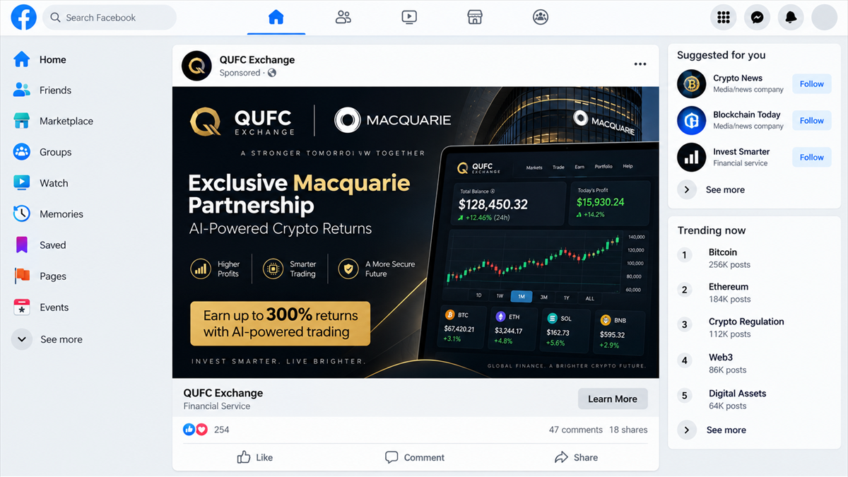 Reconstruction of a QUFC Exchange social media advertisement falsely claiming a Macquarie partnership