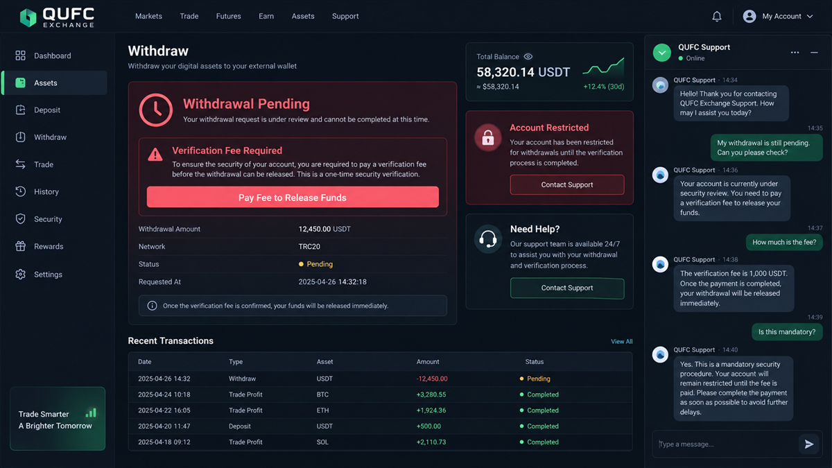 Reconstruction of a QUFC Exchange withdrawal screen demanding another fee to release funds