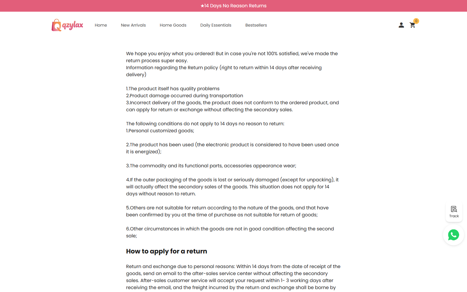 Qzylax return policy explaining its 14-day window and powered-electronics exclusion