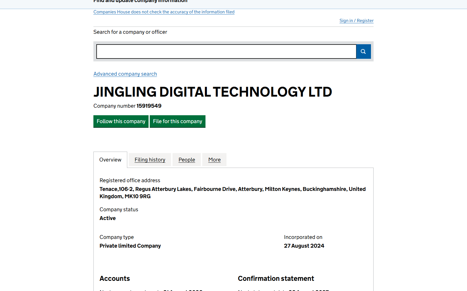 Companies House record showing the current registered office for JINGLING DIGITAL TECHNOLOGY LTD