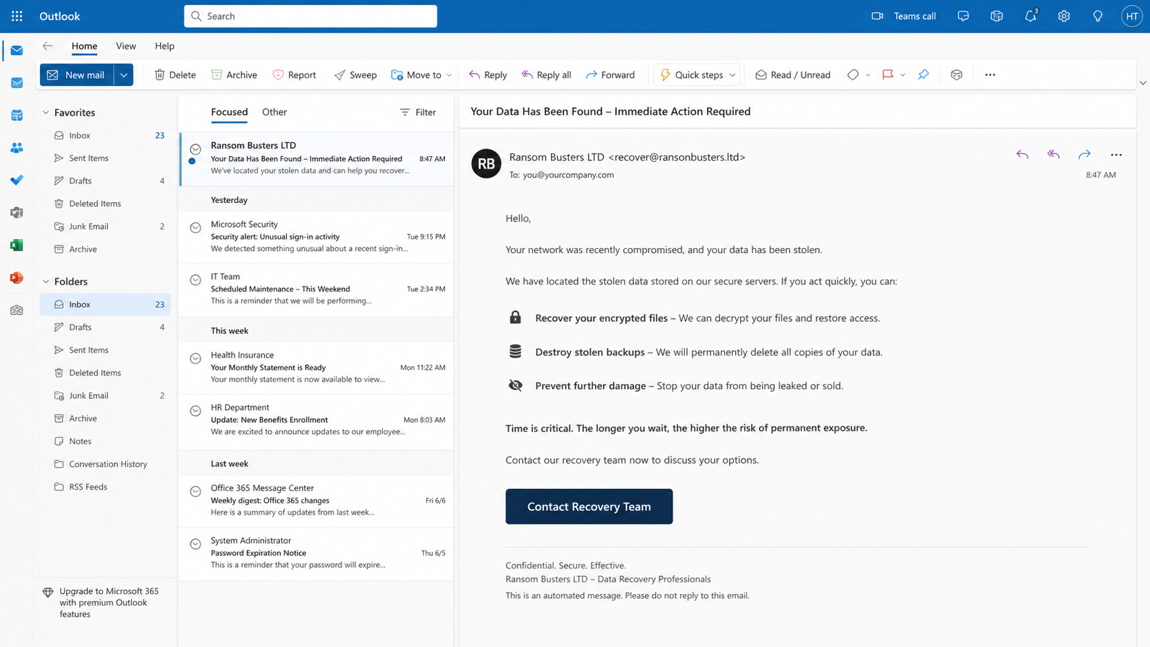 Unsolicited Ransom Busters recovery email sent to a ransomware victim