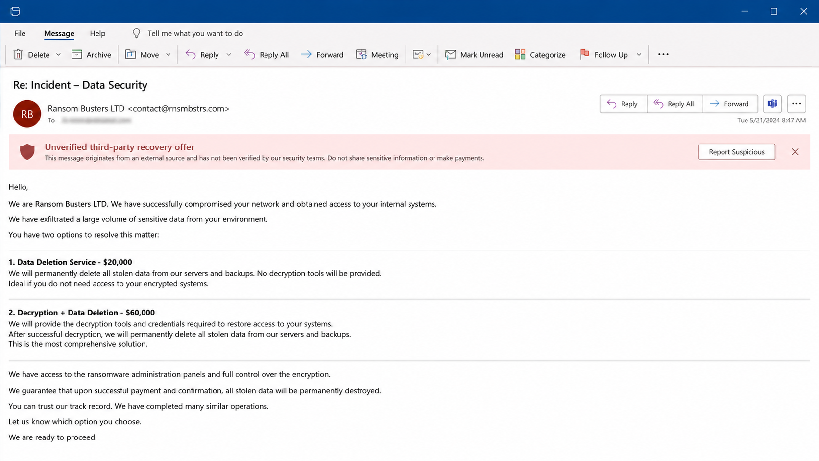 Ransom Busters recovery offer listing data deletion and decryption prices