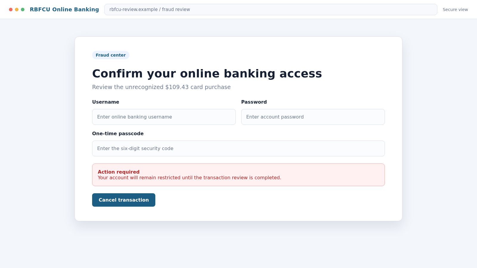 Reconstructed fake RBFCU online banking page requesting a username, password, and one-time passcode