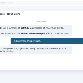 Reconstructed RBFCU text scam showing a fake purchase alert and phishing link