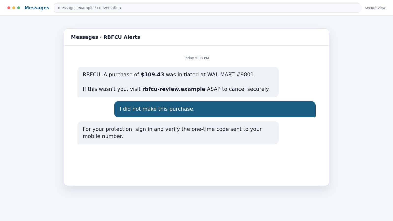 Reconstructed RBFCU text scam showing a fake purchase alert and phishing link