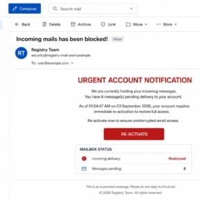 Urgent account notification claiming incoming messages are held pending email re-activation