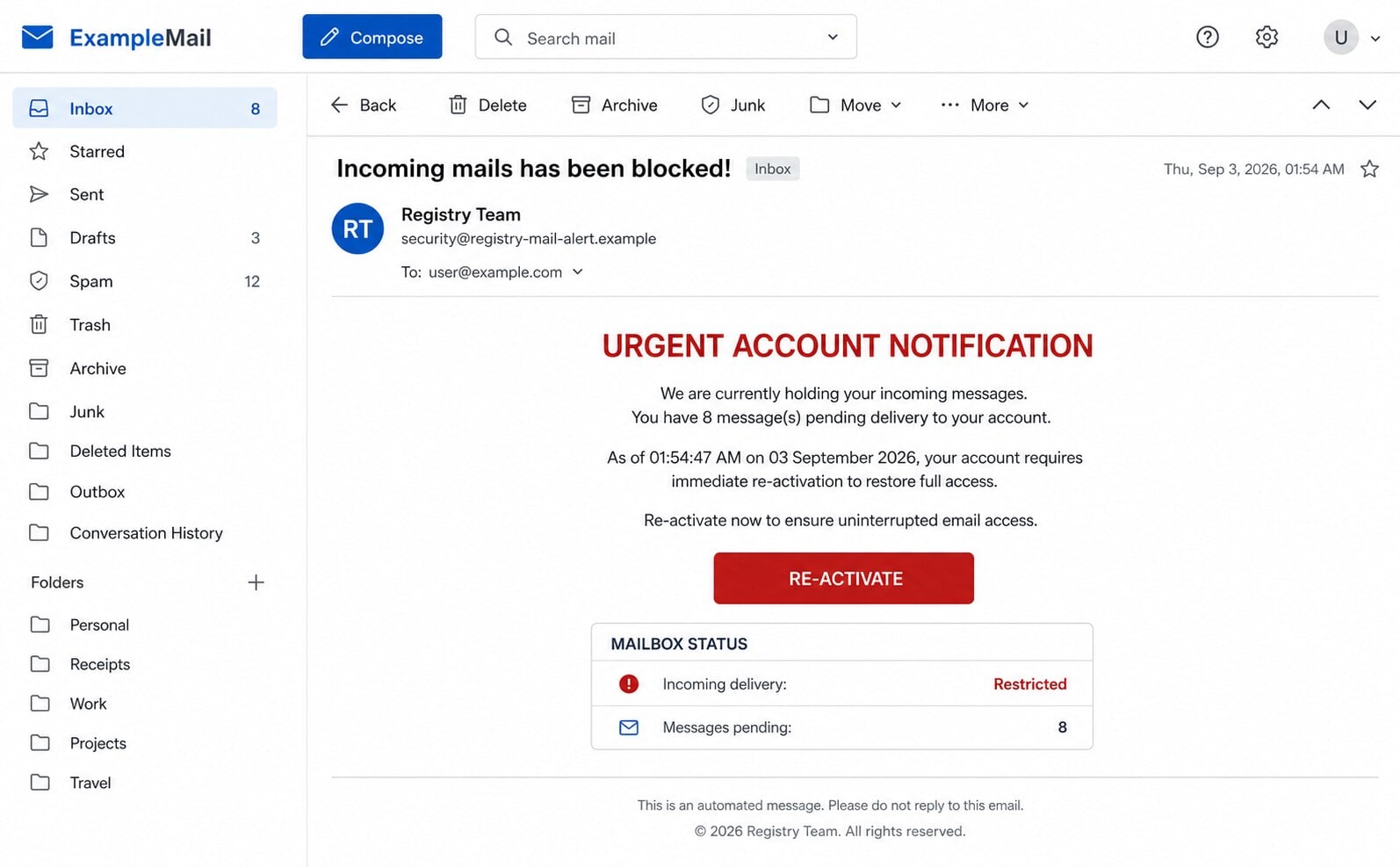 Urgent account notification claiming incoming messages are held pending email re-activation