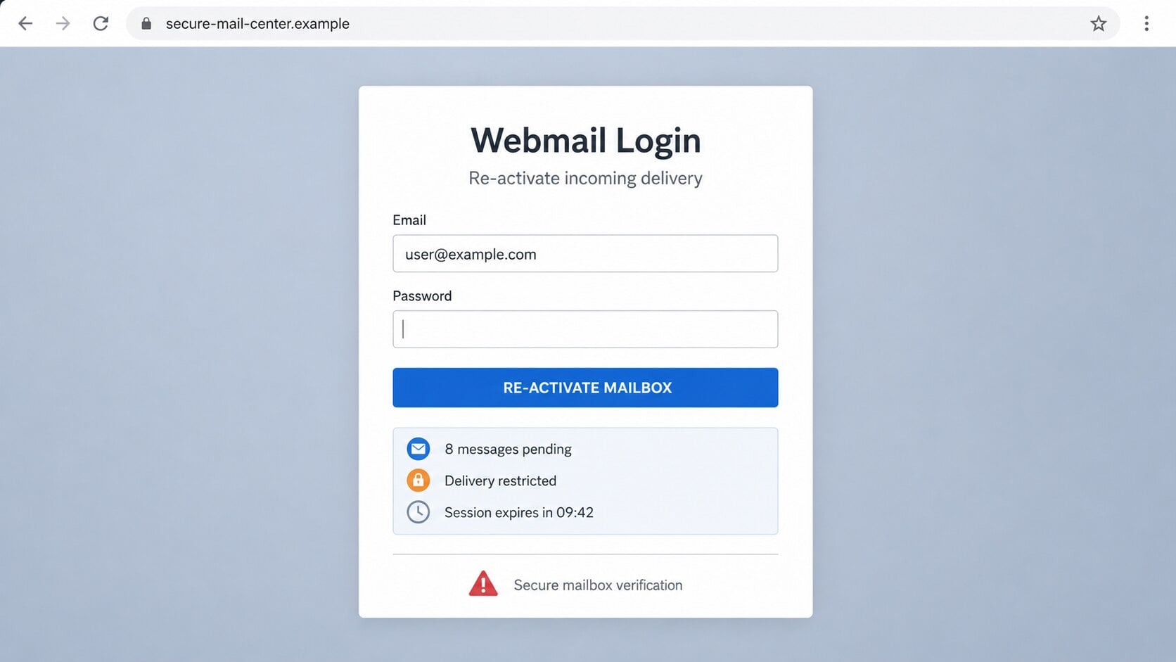 Fake webmail login page requesting a password to reactivate blocked incoming messages