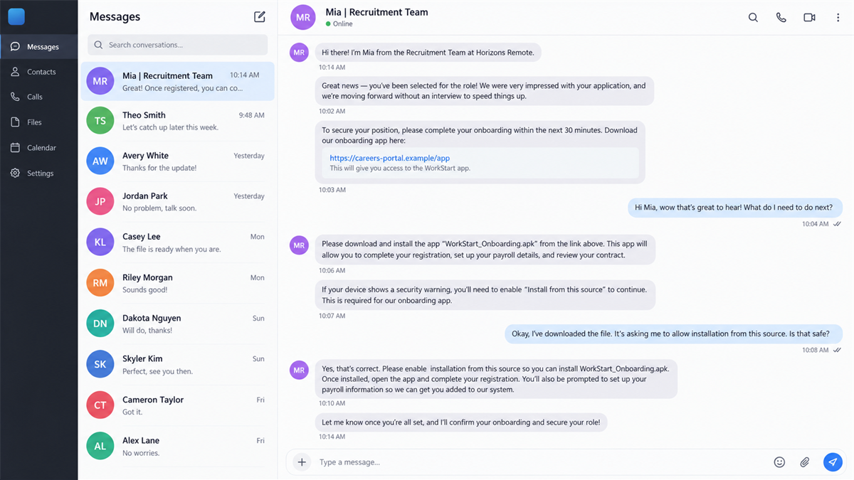 Fake Job Ads Make Applicants Install Account-Stealing Apps 2 Fake recruiter chat instructing an applicant to download an onboarding application