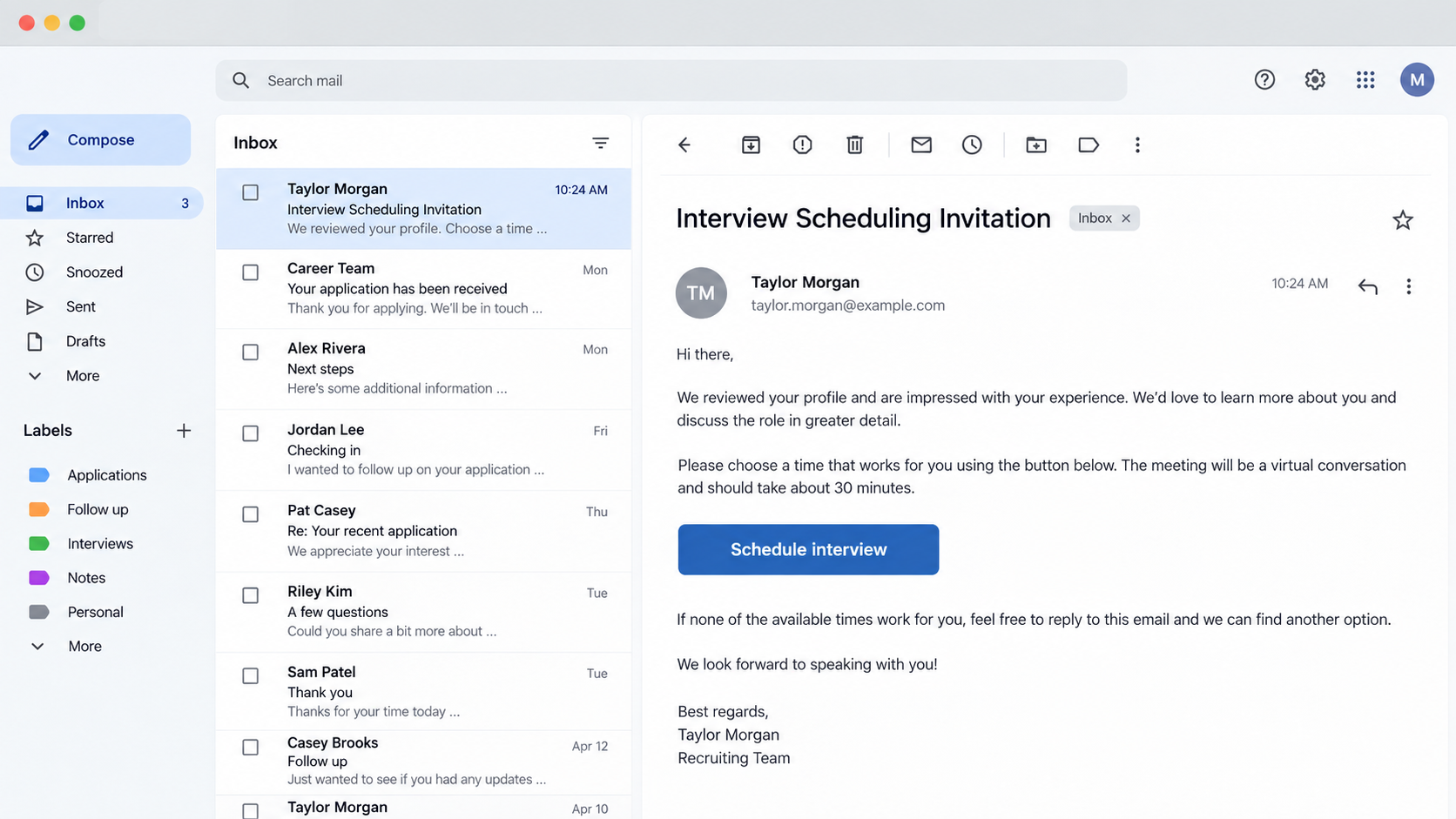 Illustrative fake recruiter email inviting a candidate to schedule an interview