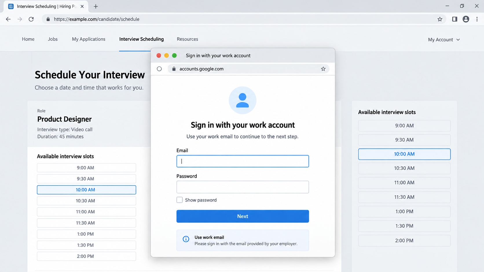 Illustrative RecruitTrap page showing a fake Google-style login pop-up inside another browser tab