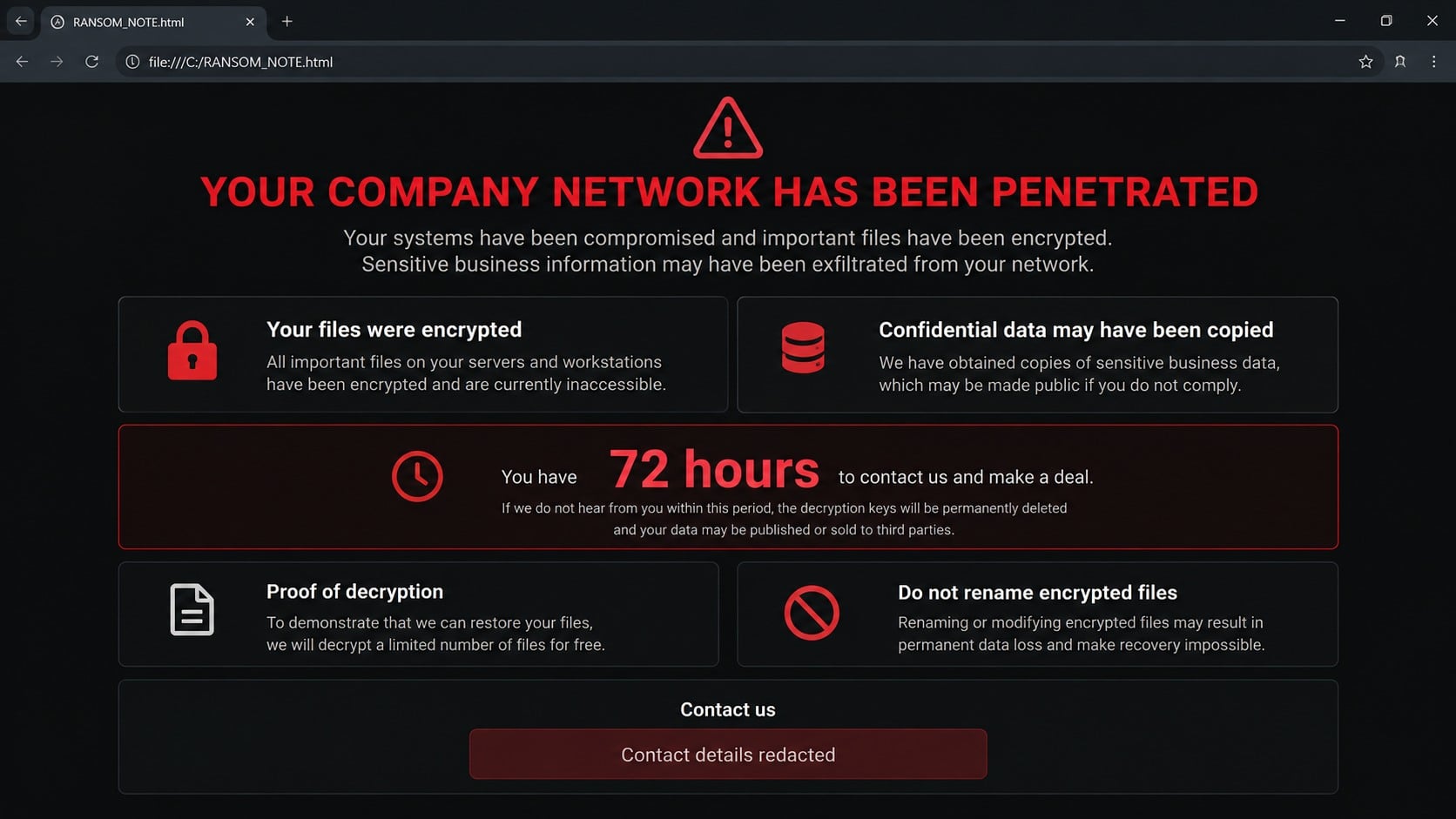 Illustrative Regulus ransomware note with contact details redacted