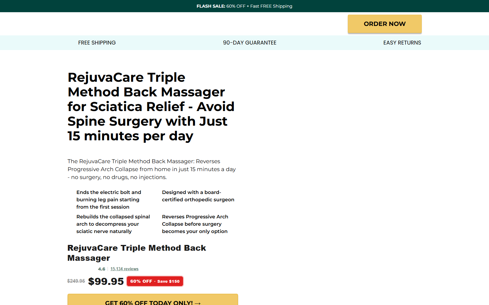 RejuvaCare Back Massager: Claims Investigated 1 RejuvaCare Triple Method Back Massager sales page showing spine-surgery and pain-relief marketing claims