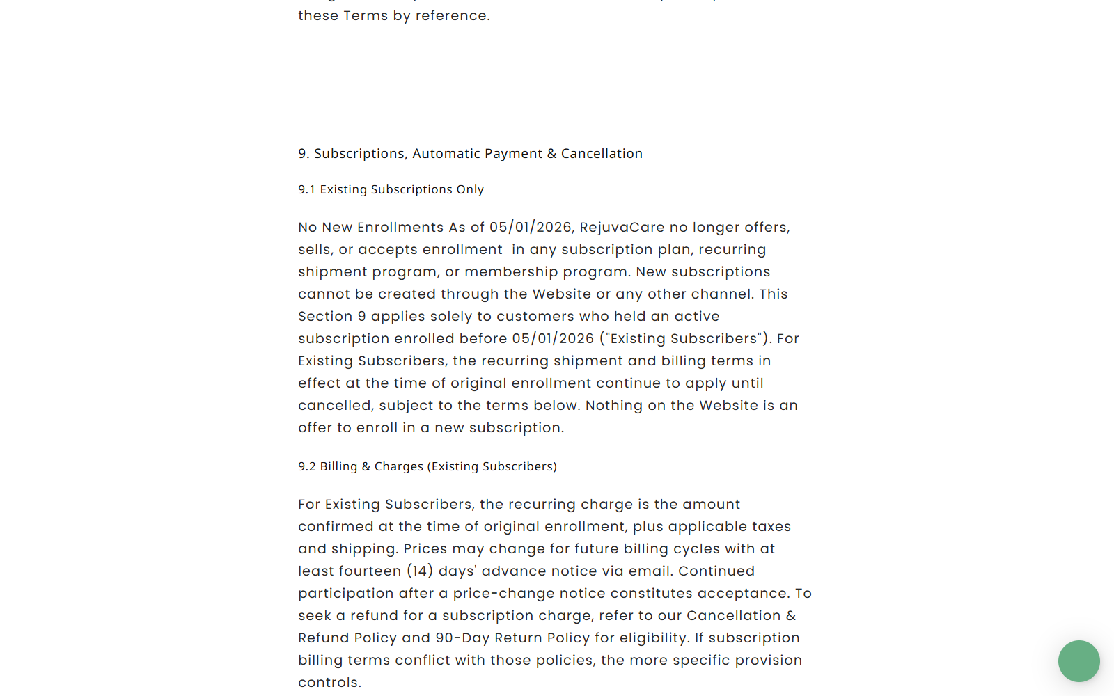 RejuvaCare Back Massager: Claims Investigated 3 RejuvaCare terms explaining the end of new subscriptions and continuing billing rules for existing subscribers