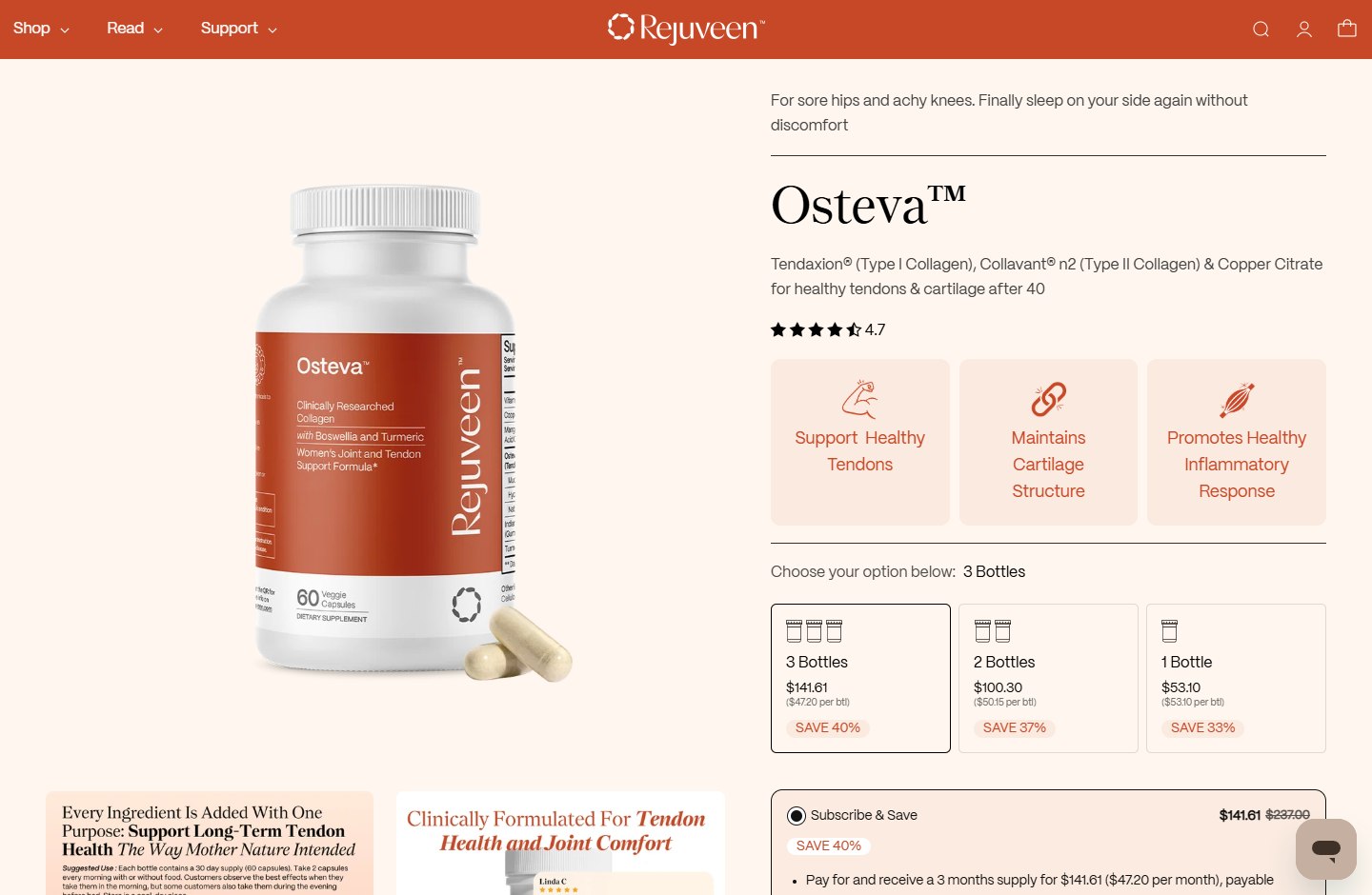 Rejuveen Osteva product page with bottle bundle and subscription option