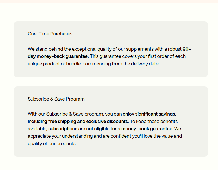 Rejuveen promise page explaining that subscription orders are excluded from the 90-day guarantee