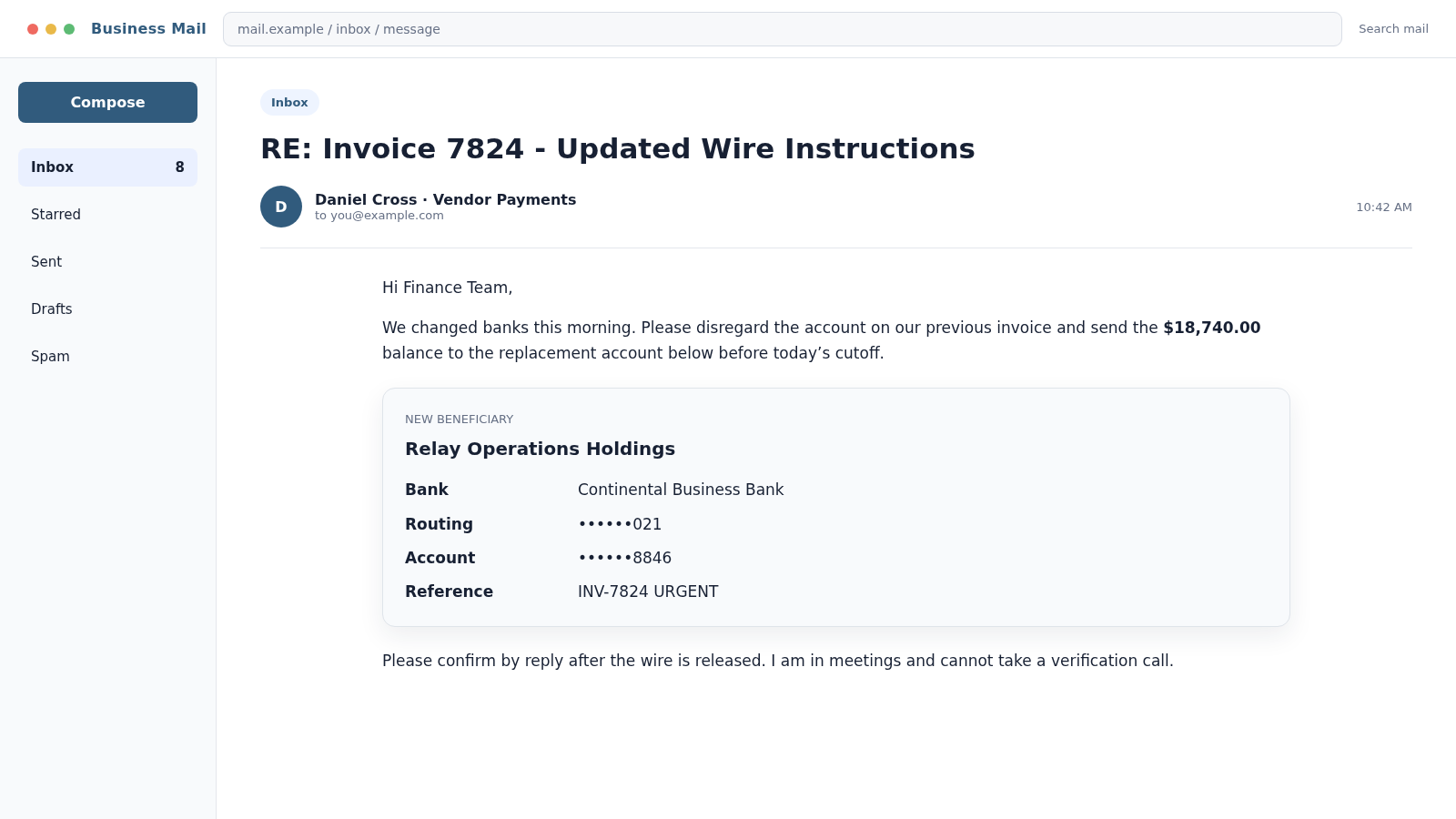 Reconstructed vendor email requesting an urgent wire to newly changed bank account details