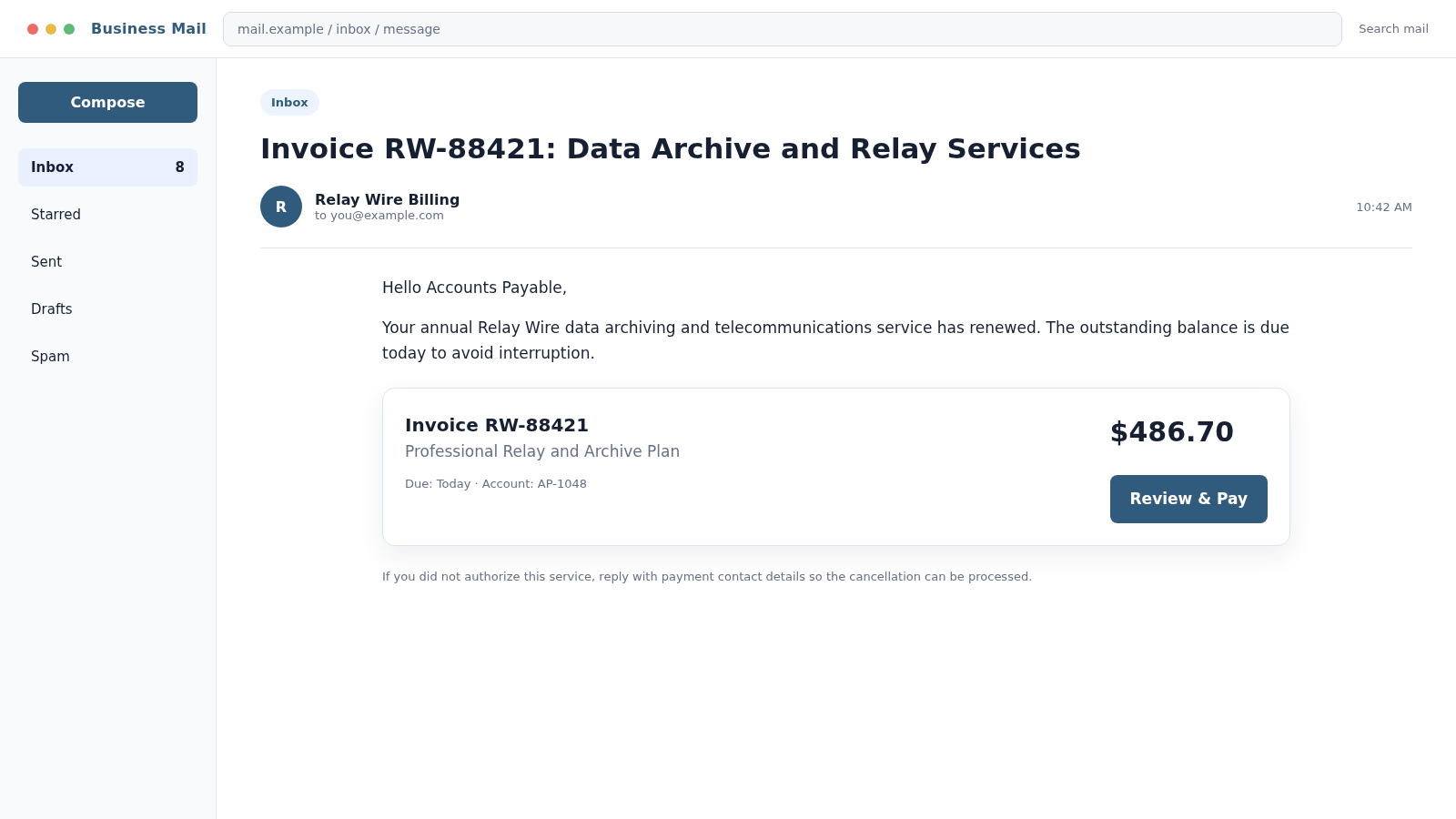 Reconstructed Relay Wire business invoice demanding payment for an unfamiliar data and telecommunications service