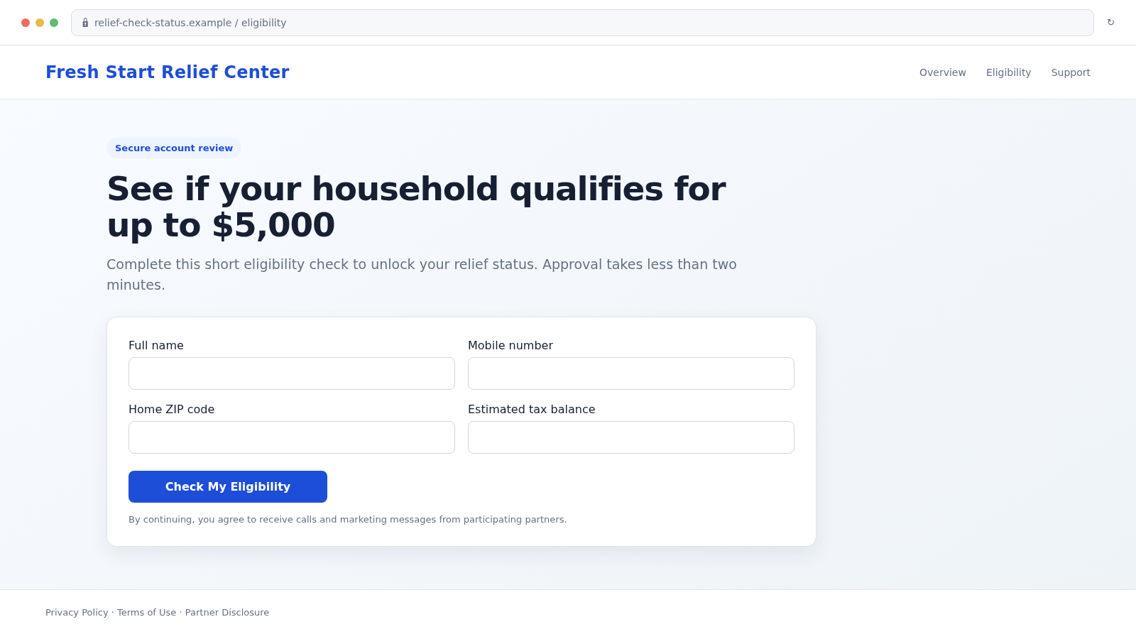 ReliefSignup.com Tax Relief Scam: How the $5,000 Offer Steals Your Data 2 Reconstructed Fresh Start relief eligibility page requesting personal and tax information