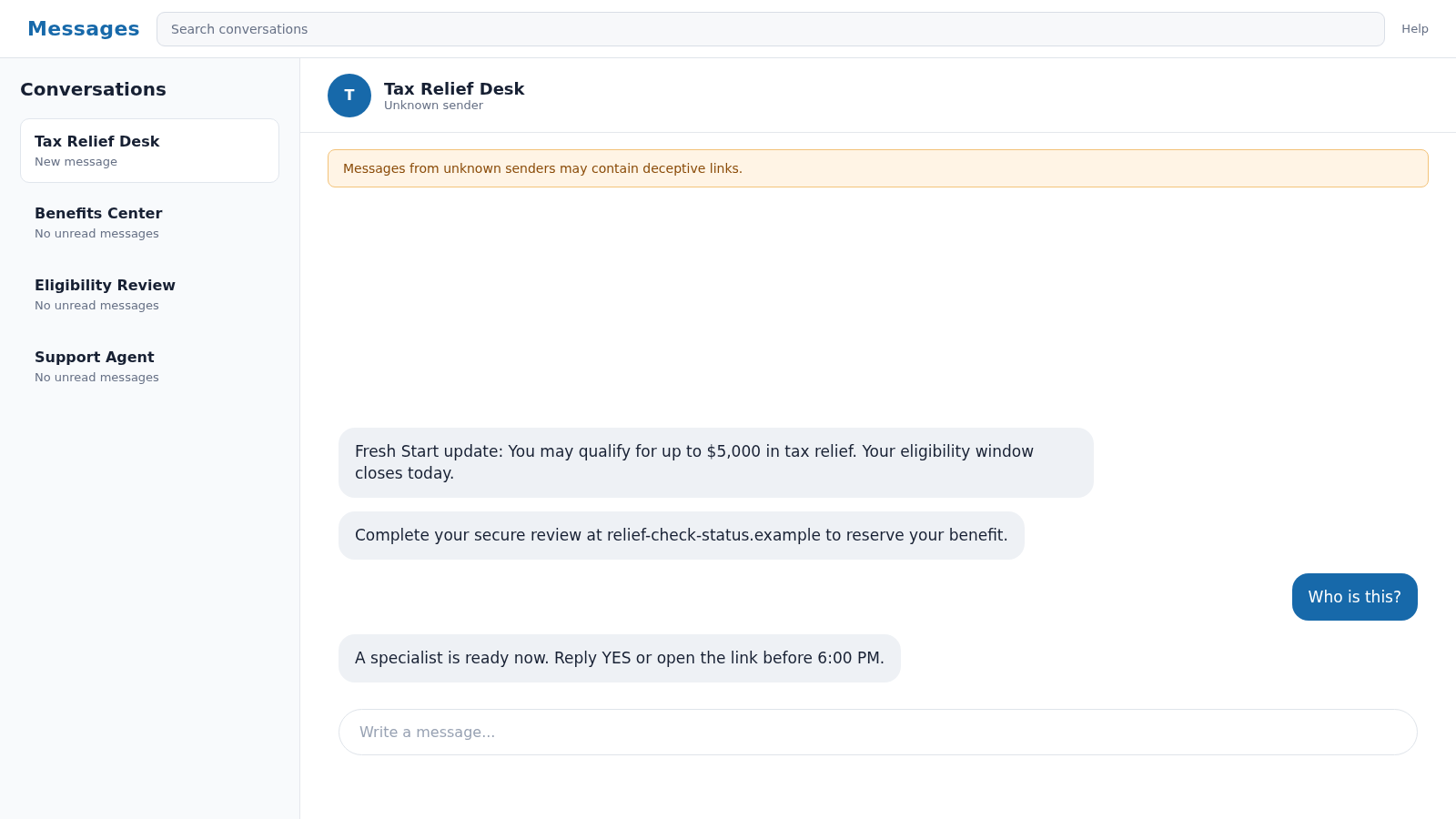 ReliefSignup.com Tax Relief Scam: How the $5,000 Offer Steals Your Data 1 Reconstructed Fresh Start tax relief text promising up to $5,000 through a suspicious eligibility link