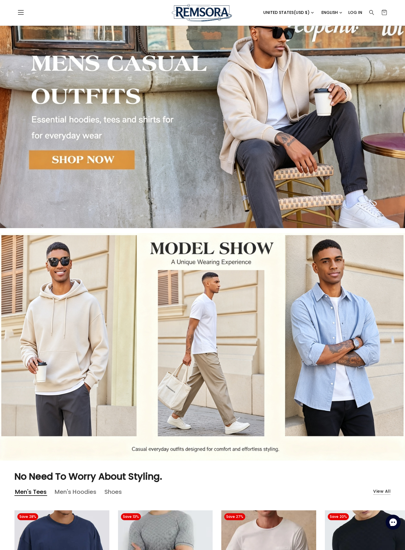 Remsora Store Exposed: Subscription Option, Tight Returns and Buyer Risks 1 Remsora fashion homepage displaying generic menswear, large promotional imagery and international currency controls
