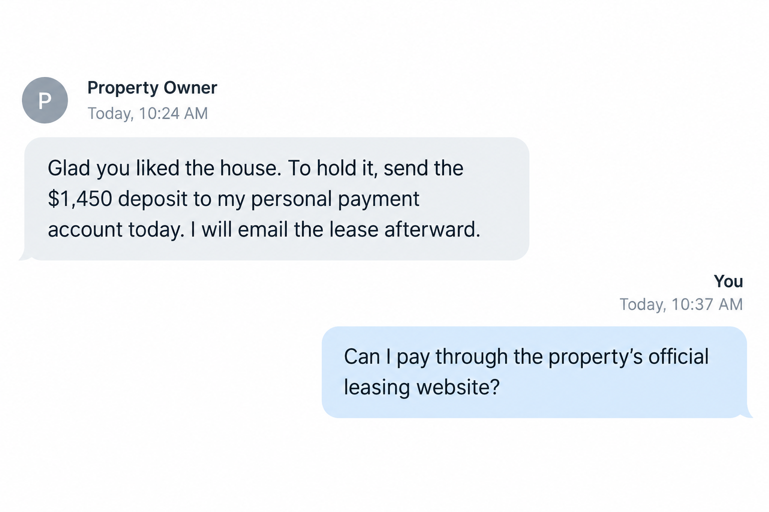 Illustrative rental chat requesting a fictional deposit to a personal payment account